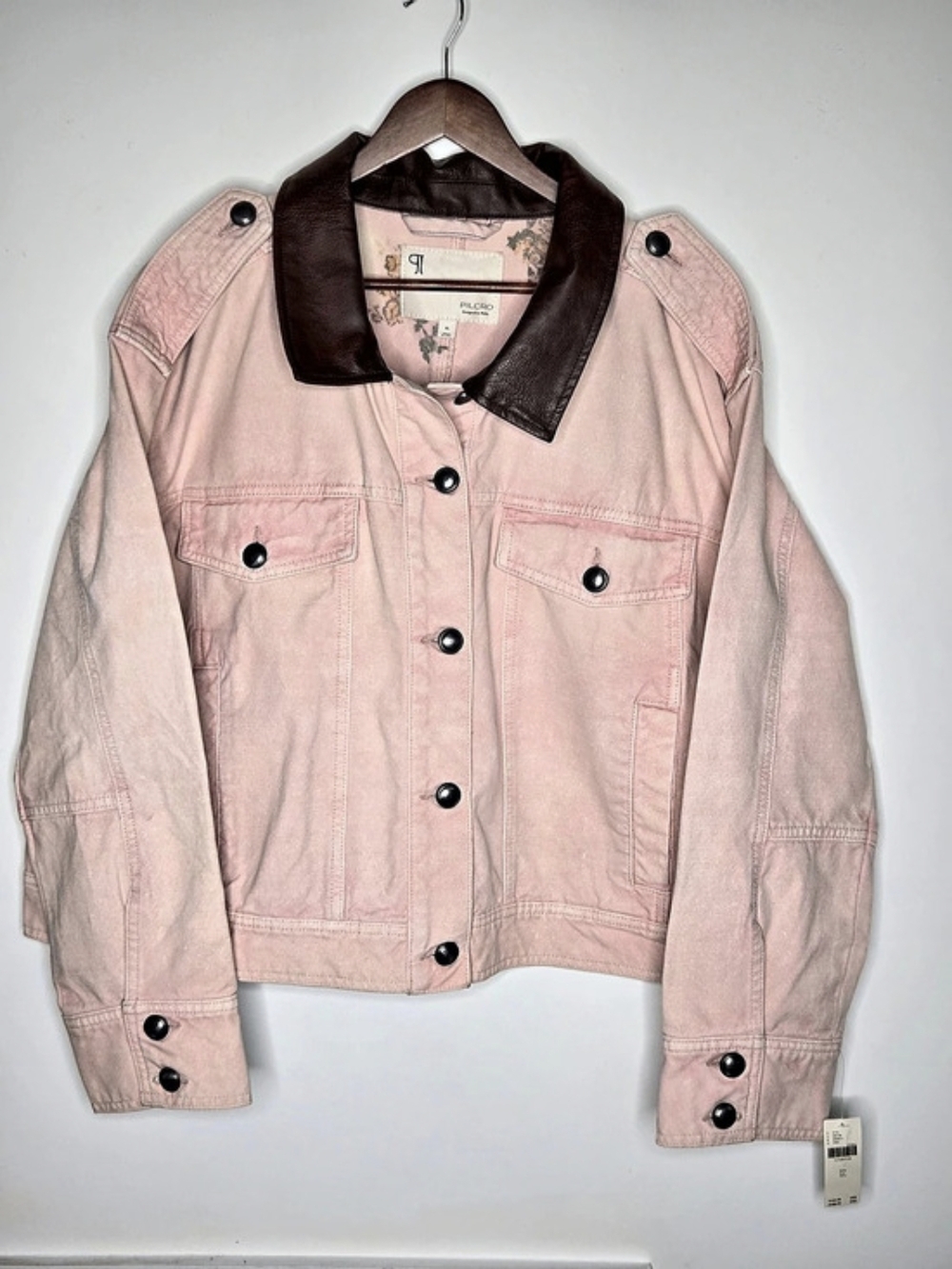 NWT Anthropologie Pilcro Faux Leather Collar Pink Denim Boyfriend Jacket XL